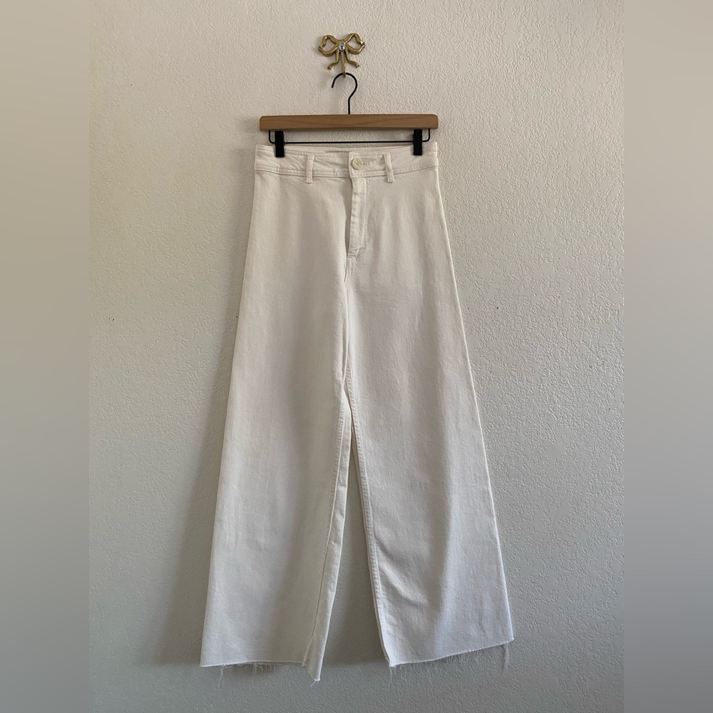 Zara The Marine Straight Stretch High Waist Raw Hem Beige Jeans Women’s Size 6